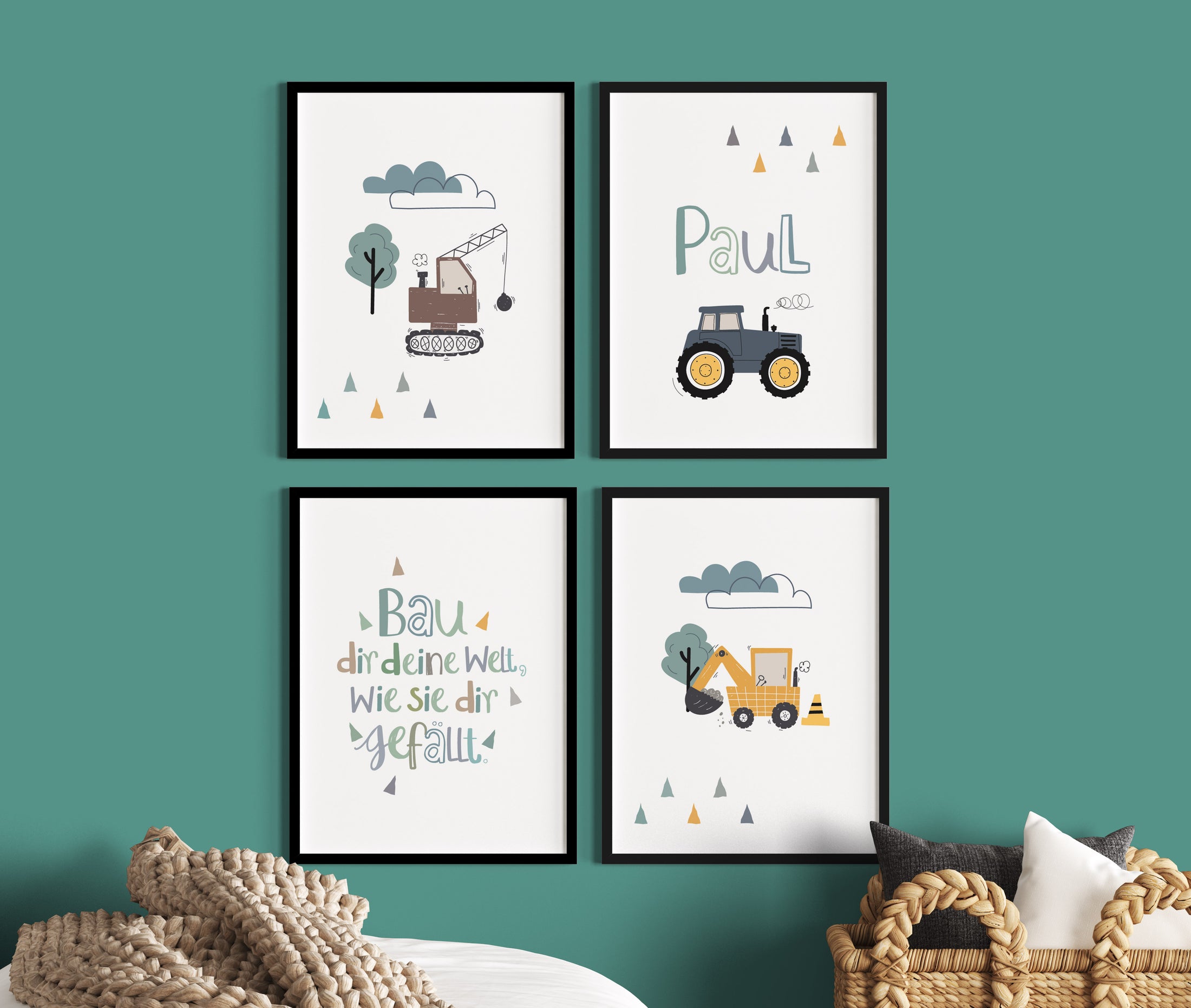 Kinderzimmer Poster Jungen mit Namen, Traktor, Bagger und Kinderspruch
